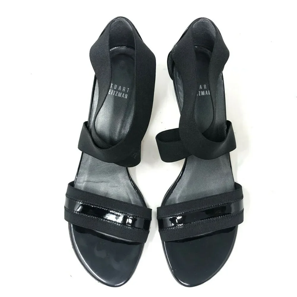 Stuart Weitzman‎ Strappy Sandal Womens 8.5 Elastic Black Patent Chunky Heel
